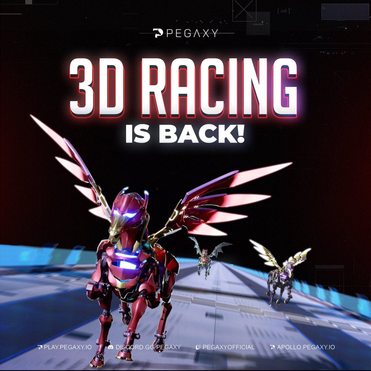 PegaxyOfficial's tweet photo. After a short maintenance, 3D racing is back on! 🏁

Get ready to hit the track again, as racing has been fully restored and all systems are live. We thank you for your patience. 

Let's go, Pegaxians! 🐎 https://t.co/aYhqIqqexe