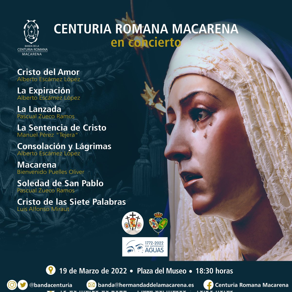 Esta tarde, a las 18.30 horas, ofreceremos un concierto de marchas procesionales en la Plaza del Museo con motivo del #250AguasMuseo. 

🎼Repertorio | #SonesMacarenos