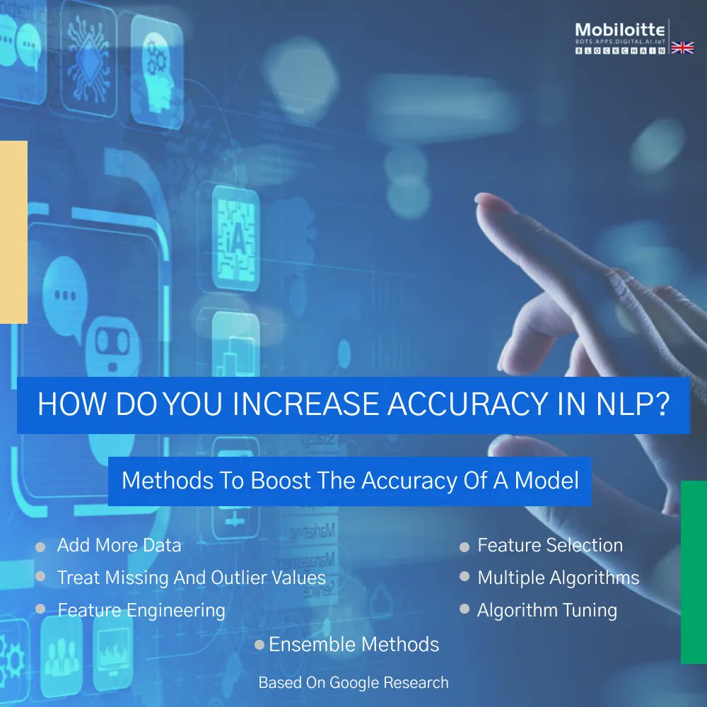 Mobiloitte_UK's tweet image. How do you increase accuracy in NLP?
Methods to Boost the Accuracy of a Model
1. Add more data.
2. Treat missing and Outlier values.
3. Feature Engineering.
Know more: buff.ly/37E7IMZ
Call/WhatsApp: +91-9999525801
#NLP #natural_language_processing #accuracy #model
