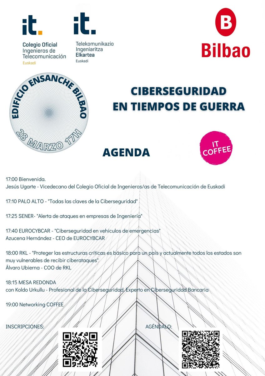📢 #Ciberseguridad en tiempos de #Guerra, por <a href="/TelekosEuskadi/">TelekosEuskadi</a> 

📌Participarán expertos de reconocidas firmas, como <a href="/PaloAltoNtwks/">Palo Alto Networks</a>, <a href="/eurocybcar/">EUROCYBCAR</a>, <a href="/RKLintegral/">RKL Integral</a> y Sener.

🗓️ 28/MAR
🕐 17:00

👉Inscripciones: t.ly/ACj8C
