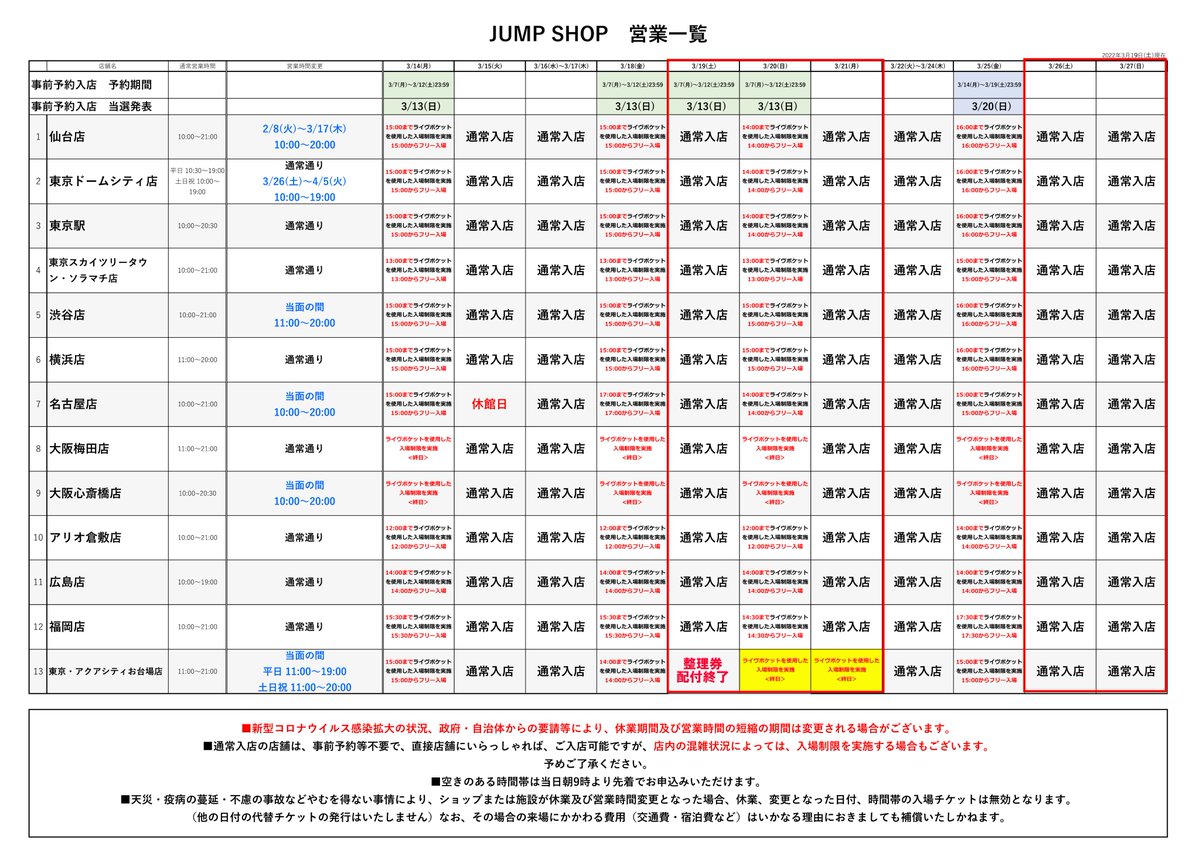 事前予約(抽選)による入場制限のお知らせ(3/19) お客様集中による混雑