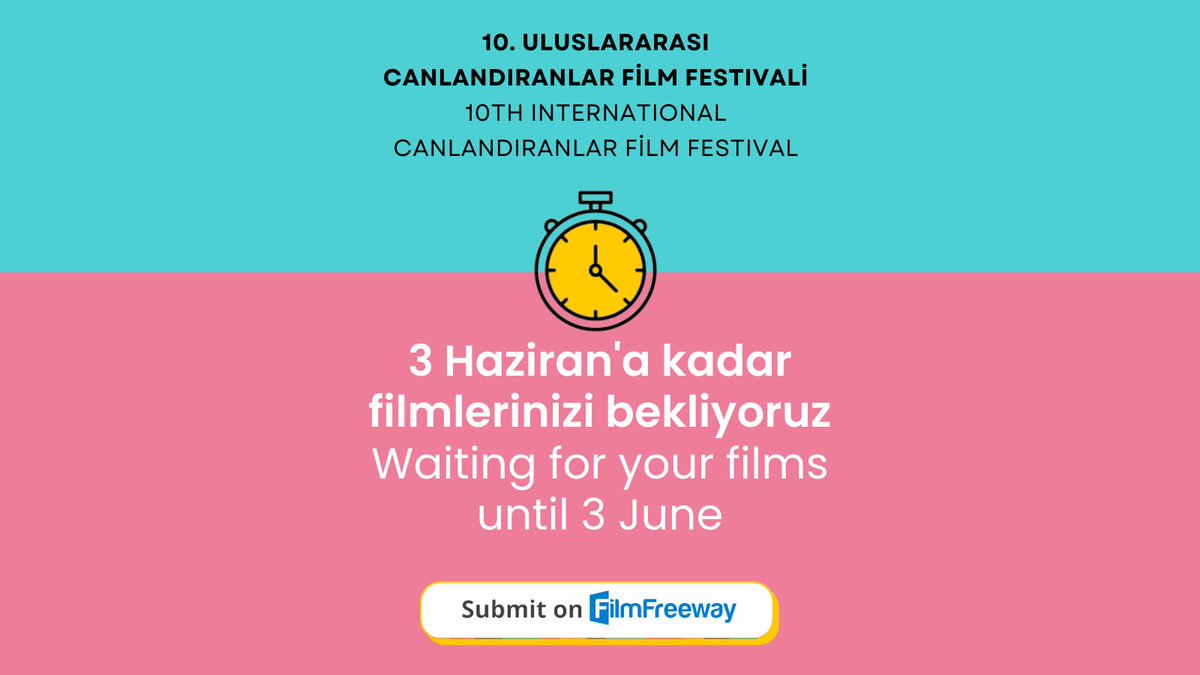 canlandiranlar's tweet photo. 10.Uluslarası Canlandıranlar Film Festivali 3 Hazıran'a kadar filmlerinizi bekliyor....
The 10th International Canlandiranlar Film Festival is waiting for your short animated films until 3 June!
#Animation #İstanbul #CFF10
👉 https://t.co/5ZQYQ6SoHQ https://t.co/v4iVBzmlVZ