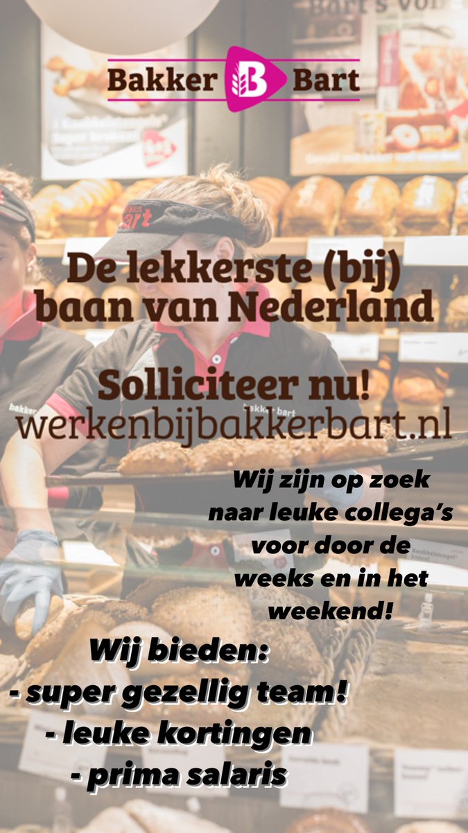 🚨JOB ALERT! 🚨

Word JIJ de verkooptopper die ons gezellige team weer compleet maakt⁉️

Soliciteer dan snel via Zaltbommel.gamerschestraat@bakkerbart.nl

En wie weet verkoop jij binnenkort de lekkerste producten 🥐🍞🥖🍩🍪🧁🍰
