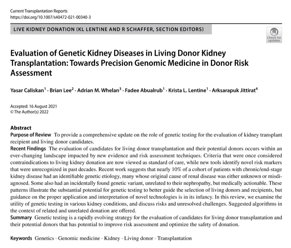 yasar_caliskan's tweet photo. #Precision #Genomic #Medicine for Living #Kidney #Donor Evaluation. So thrilled to share our latest #Review 😊🙏 @KristaLentine, Brian Lee, @AdrianWhelan6, Fadee Abu Al Rub, @PucksReturn, @AST_LDCOP @slunephrons @SLUHospital @AST_info @ASNKidney 👇🏾👍 https://t.co/1HFlfuBkPL https://t.co/DrHUAMLufQ