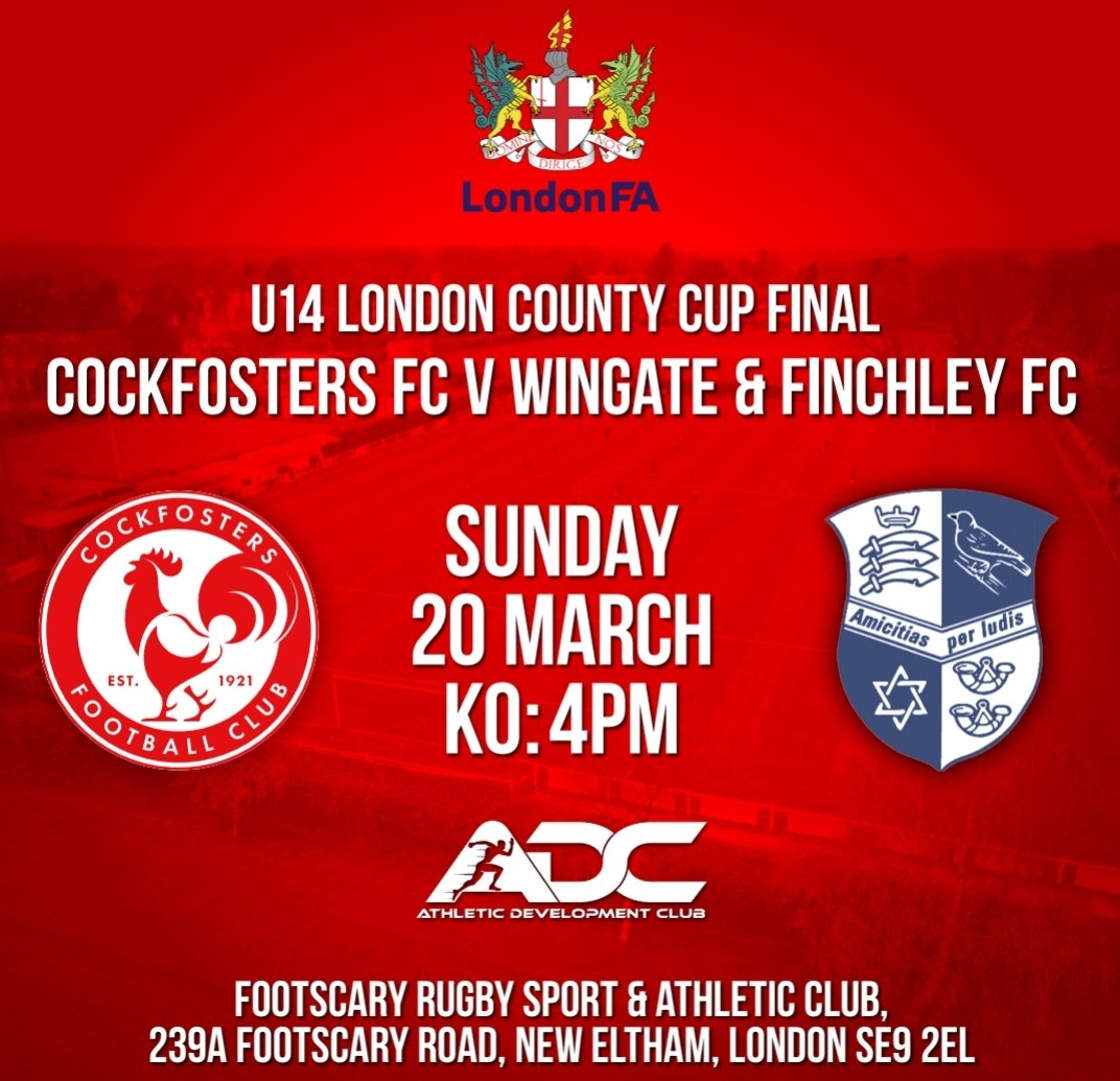 Good luck to our U14 <a href="/EJALeague/">EasternJnrAlliance</a> squad tomorrow in the London County Cup Final v Wingate &amp; Finchley FC. Our youngsters will be looking to emulate the success of our U15s who lifted the cup last weekend! Good luck lads &amp; great work coach <a href="/CoachAnt15/">Ant</a>. Come on you reds #UpTheFosters
