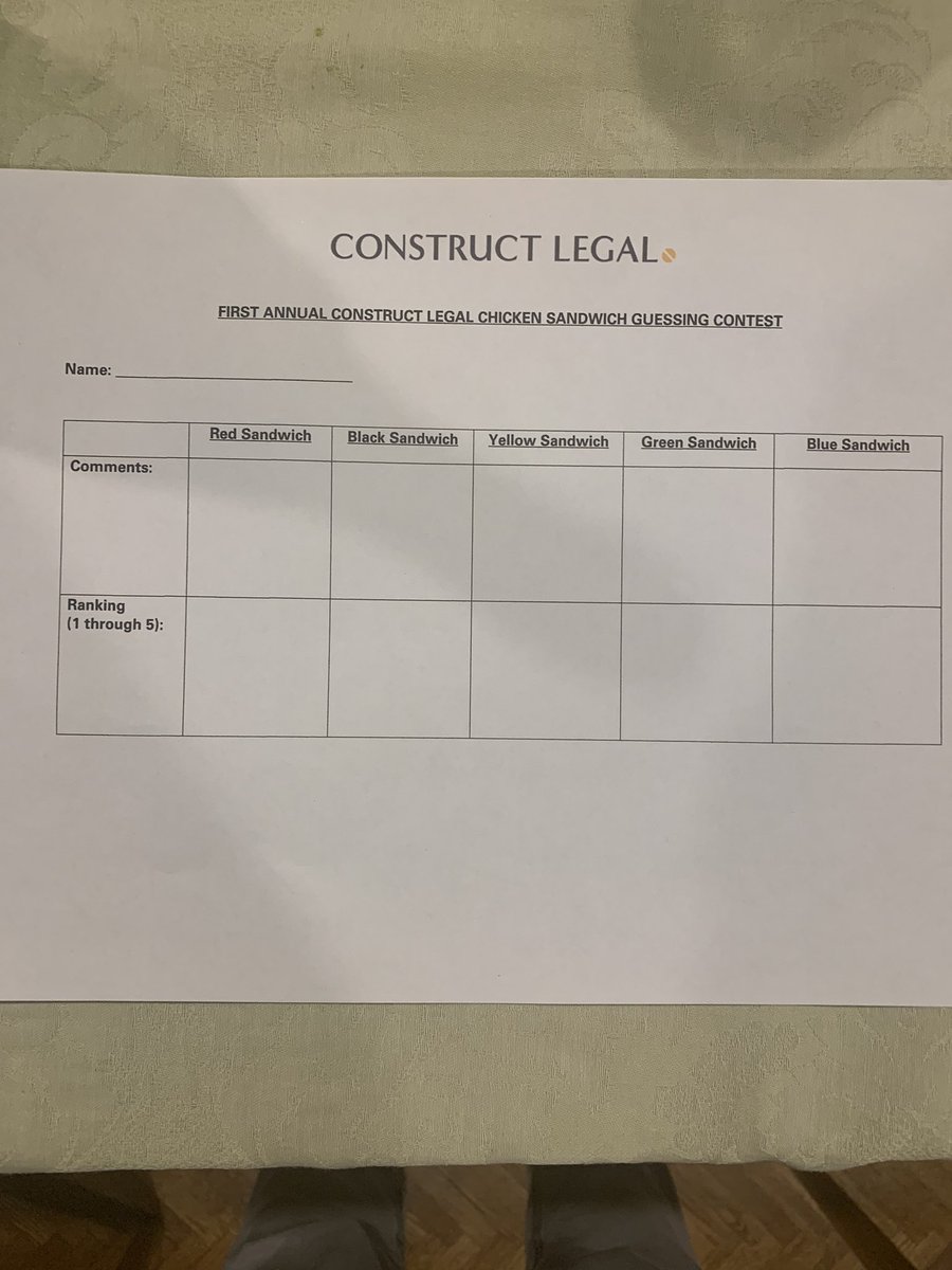 FarenBogach's tweet photo. We took our first in person firm gathering very seriously with a chicken sandwich tasting contest and bingo. #constructlegal #winnerwinnerchickendinner @PaulKConrod @JDeMelo42 @mgregbrown https://t.co/yyfQtG1cqN