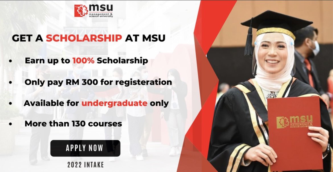 Enroll now & earn a 100% Scholarship at MSU. Available for all undergraduate courses

So what are you waiting for? Our academic counsellors will always be at your service. Contact us at:
☎️09-7433051
📲019-9809296
📧bit.ly/3sMNF6V

#jommasukipt #MSUmalaysia #MSUcollege