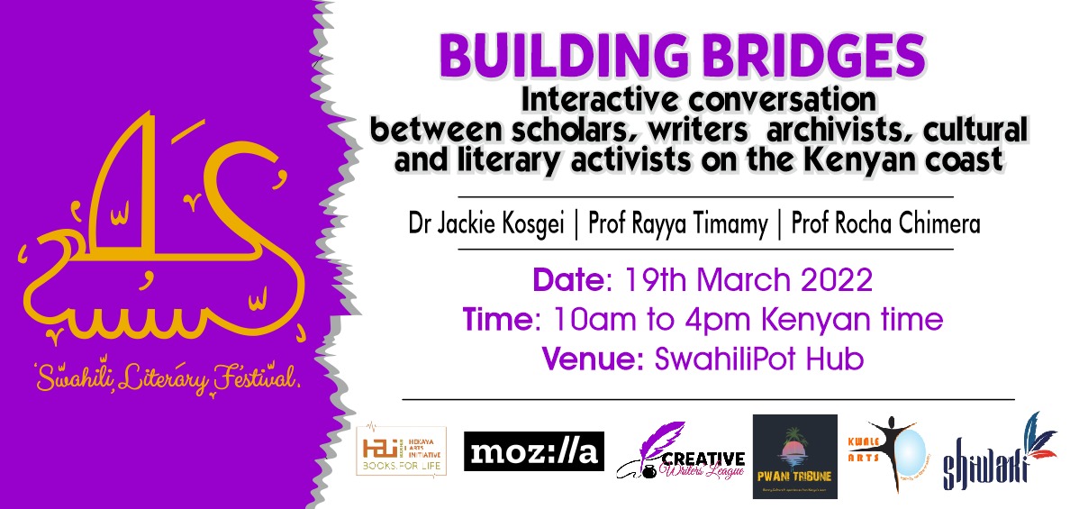 How do we build cultural bridges? Join @HekayaEA today at <a href="/swahilipothub/">Swahilipot Hub</a> for the second day of #SwahiliLiterayFestival as we answer this question. @KosgeiChelagat will be in conversation with Profs Rayya Timamy and former <a href="/KiswahiliPrize/">Safal Kiswahili Prize</a> Prize judge Rocha Chimera among others.