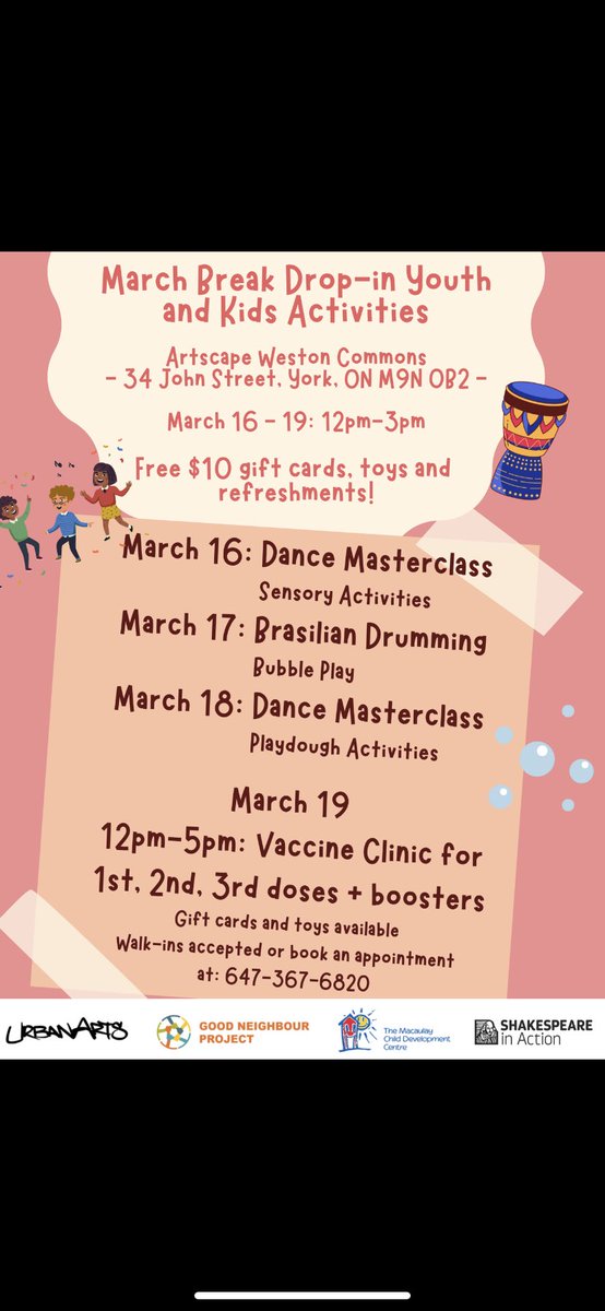 YWPVaccine's tweet photo. @urbanartsto @goodneighbourproject @macaulaycentre @shakespeareinaction are hosting a Vaccine Clinic! Where? Artscape Weston Commons, 34 John Street, York, ON  M9N 0B2. When? March 19 from 12 PM-5PM #LetsGetTOVaccinated #ywpletsgetvaccinated #toronto #ontario #omicron #booster https://t.co/bvl6PQSkzy