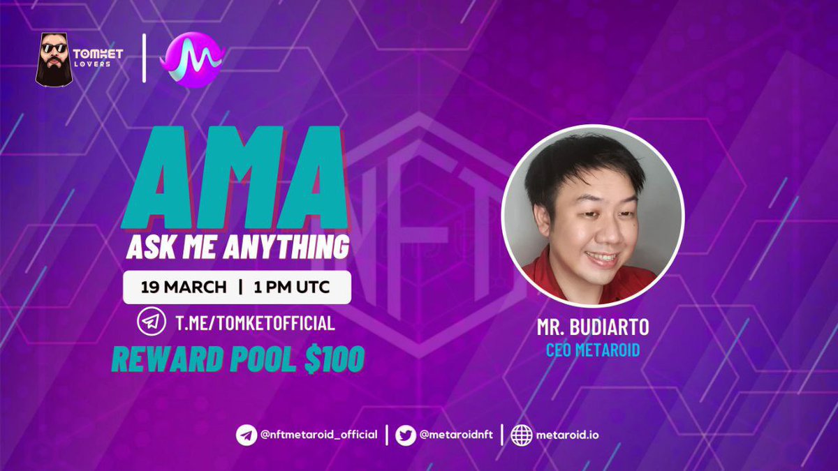 📢 We are going to have AMA (Ask Me Anything) Session on :

⏰ Time    : 19th March 01:00 PM UTC 
👉 Venue   : TOMKET Community (t.me/TomketOfficial)

🚀 History is just starting NOW!! 🚀

🚀🚀 LFG 🚀🚀