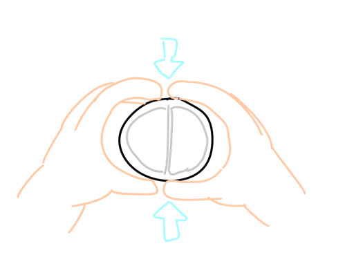 上から見た図。醤油ボトルを真っ逆さまにして、中の空気袋の線が重なる側に指を合わせてボトル腹をしゅこしゅこ押すとけっこう出る気がする。(うろおぼえ 