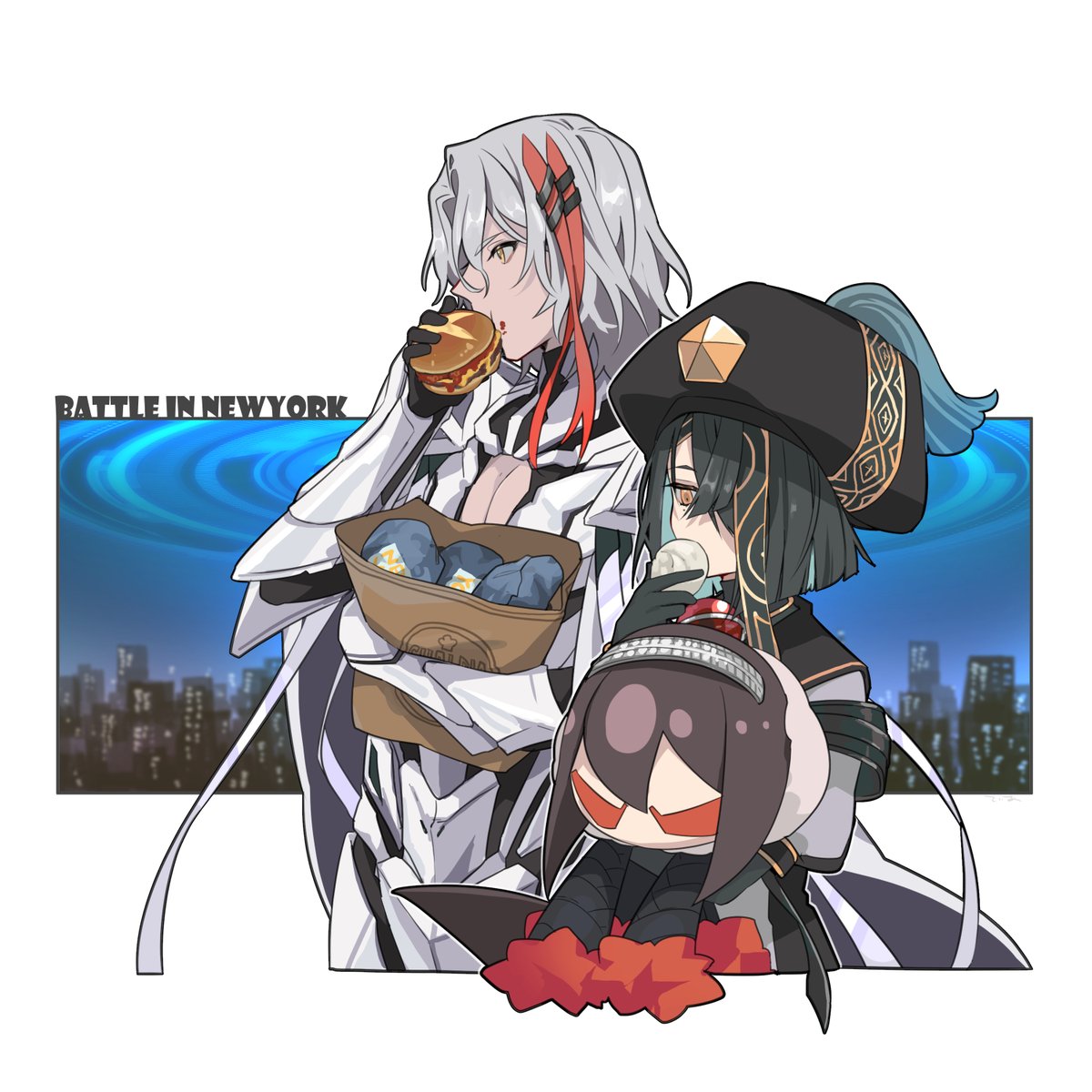 yu mei-ren (fate) 1girl food 1boy black hair eating hair over one eye holding doll  illustration images