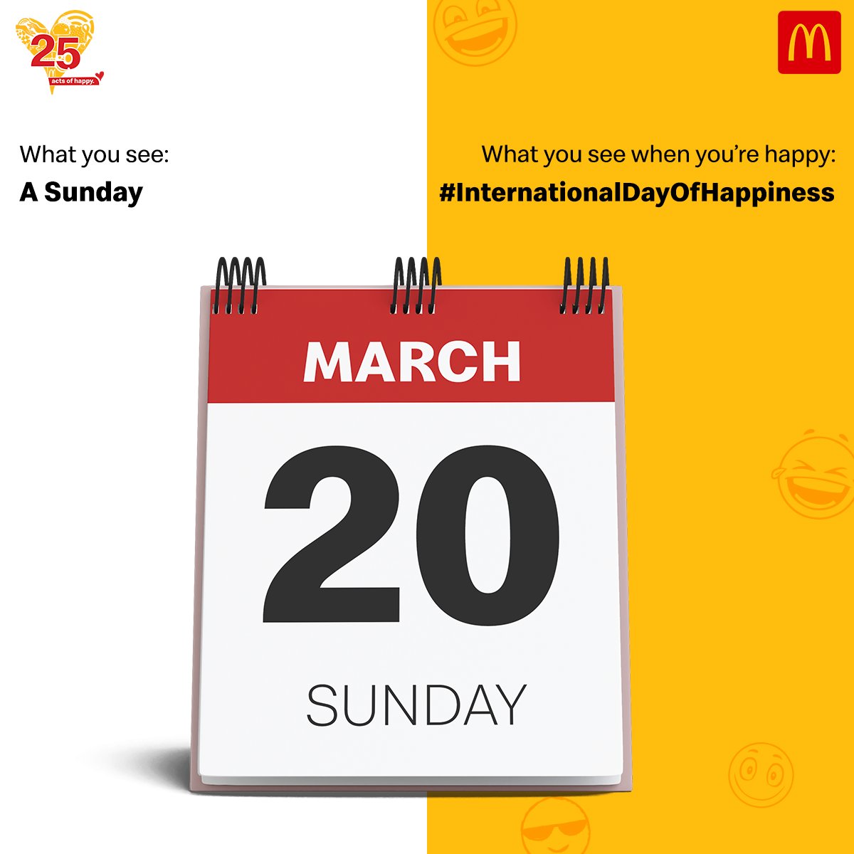 mcdonaldsindia's tweet photo. This #InternationalDayOfHappiness, we’re celebrating with everyone who knows what happiness looks like!
So get your happiness detectors 👀  ready and #StayTuned for the next of our #25ActsOfHappy. https://t.co/4HuT06oMve