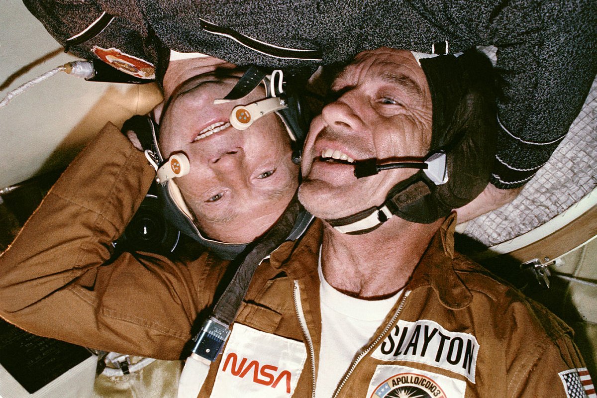 #NASA #spaceX #space #Roscosmos  Salute those above. Pic - Astronaut Donald Slayton and cosmonaut Aleksey A Leonov in the Soyuz Apollo Docking Module 1975. Pic courtesy Wiki. https://t.co/7rzlToRuCj