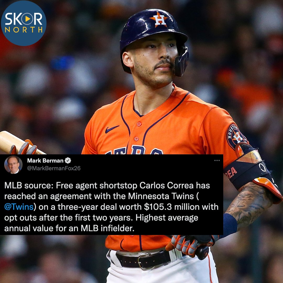 SKORNorth's tweet photo. BREAKING: Carlos Correa has signed a 3-year $105.3 million deal with the #MNTwins that includes opt-outs after the first two seasons https://t.co/SF66Utltv5