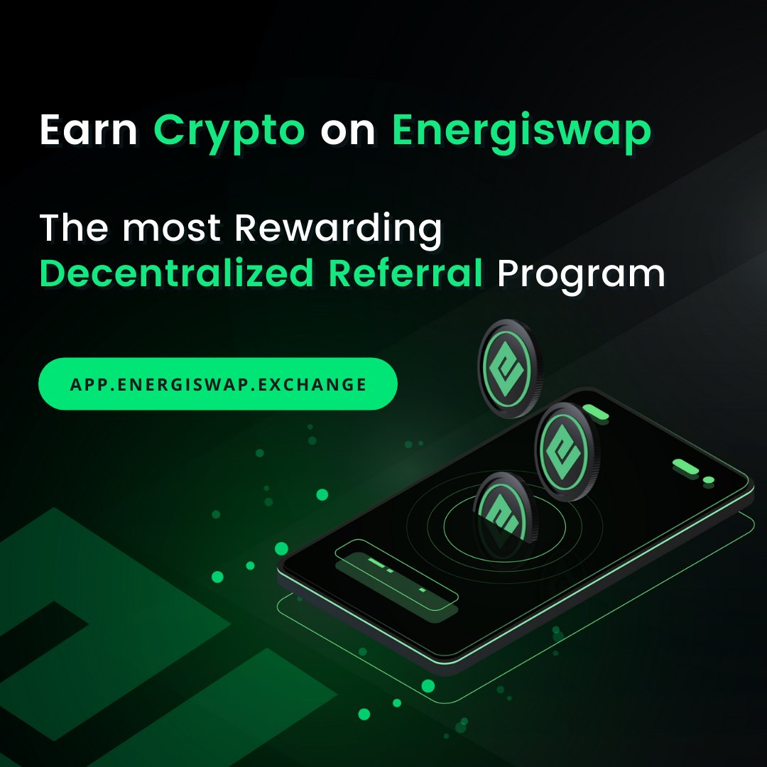 energi's tweet image. Earn #PassiveIncome by inviting your friends to trade on Energiswap, the most Secure #DEX in the #crypto world.

Become an Energi #Affiliate at bit.ly/3KQS4fg

#defi #rewards #earncrypto #referral