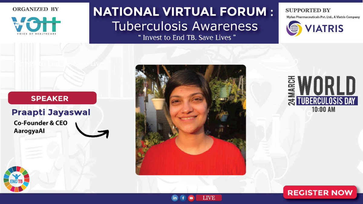 vohglobal's tweet photo. We are delighted to have #PraaptiJayaswal, Co-Founder &amp; CEO, #AarogyaAI as an esteemed speaker at 𝐍𝐚𝐭𝐮𝐫𝐚𝐥 𝐕𝐢𝐫𝐭𝐮𝐚𝐥 𝐅𝐨𝐫𝐮𝐦: 𝐓𝐮𝐛𝐞𝐫𝐜𝐮𝐥𝐨𝐬𝐢𝐬 𝐀𝐰𝐚𝐫𝐞𝐧𝐞𝐬𝐬.

@praaptij https://t.co/PIT8NC3plW