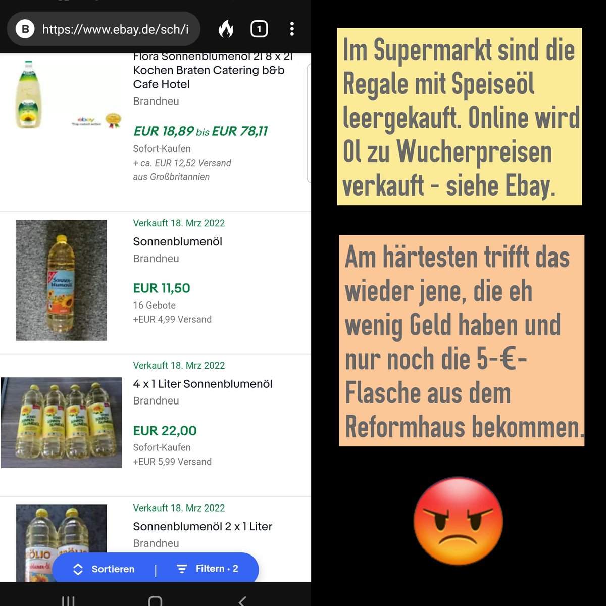 Screenshot einer Liste von eBay-Verkäufen. Zum Beispiel eine Ein-Liter-Flasche  Sonnenblumenöl für 11,50 Euro.