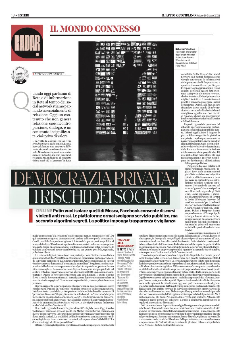antoniospadaro's tweet photo. #Democrazia privata? Facebook ha bloccato l’odio di Trump ma consente quello anti-russo. Putin isola Mosca in una bolla informativa. I #social ormai svolgono un servizio pubblico, ma secondo #algoritmi segreti. Il Fatto quotidiano 🗞 in edicola pubblica un mio intervento. https://t.co/xVDack8dO0