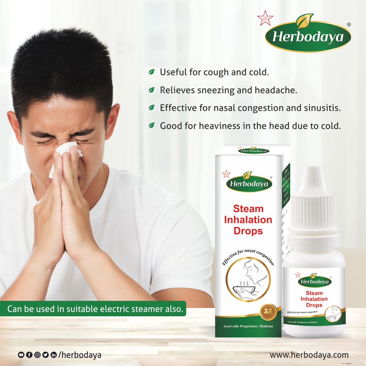 herbodaya's tweet photo. How to get rid of the blocked nose, cough and cold?
Steam Inhalation Drops is one of the easiest ways of giving relief.

Order Now: https://t.co/ENqLSSXBDr

#herbodya #ayurvedicproducts #ayurvedicskincare #HerbalProducts #steaminhalation #blockednose #steaminhalationherbs https://t.co/ylP0L5nUoX