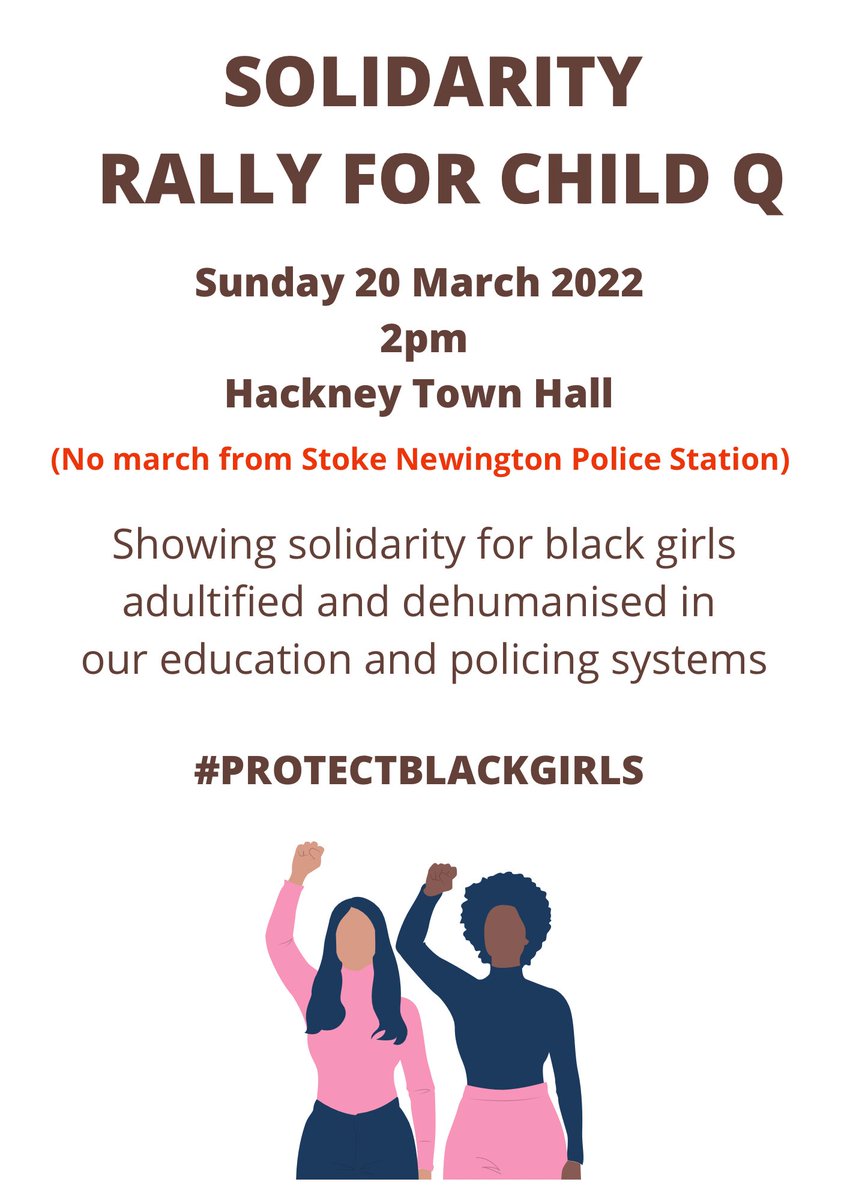 DignityinEducation (@dignityined) on Twitter photo Change of plan:
No march on Sunday 20 March, instead a show of support for Child Q at Hackney Town Hall Change of plan:
No march on Sunday 20 March, instead a show of support for Child Q at Hackney Town Hall