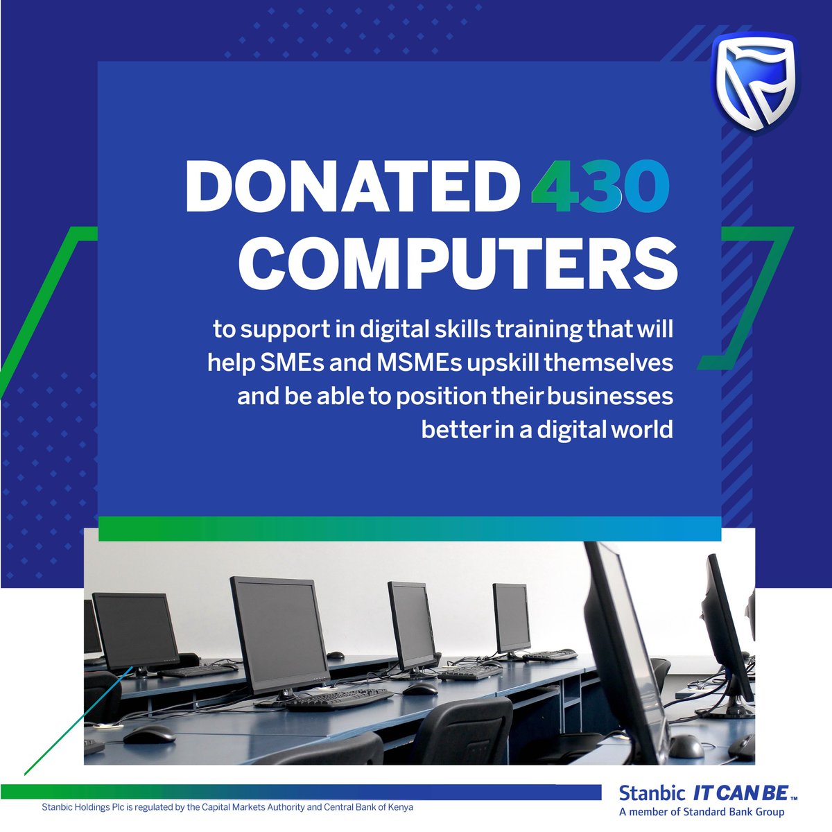 StanbicKE's tweet photo. Stanbic further enhanced education amongst MSMEs through the provision of digital skills training via the Accelerate #FutureNiDigital program that saw over 50,000 entrepreneurs trained and over 400 computers donated to facilitate training.

#StanbicFullYearResults2021 https://t.co/PSgwOG7psD