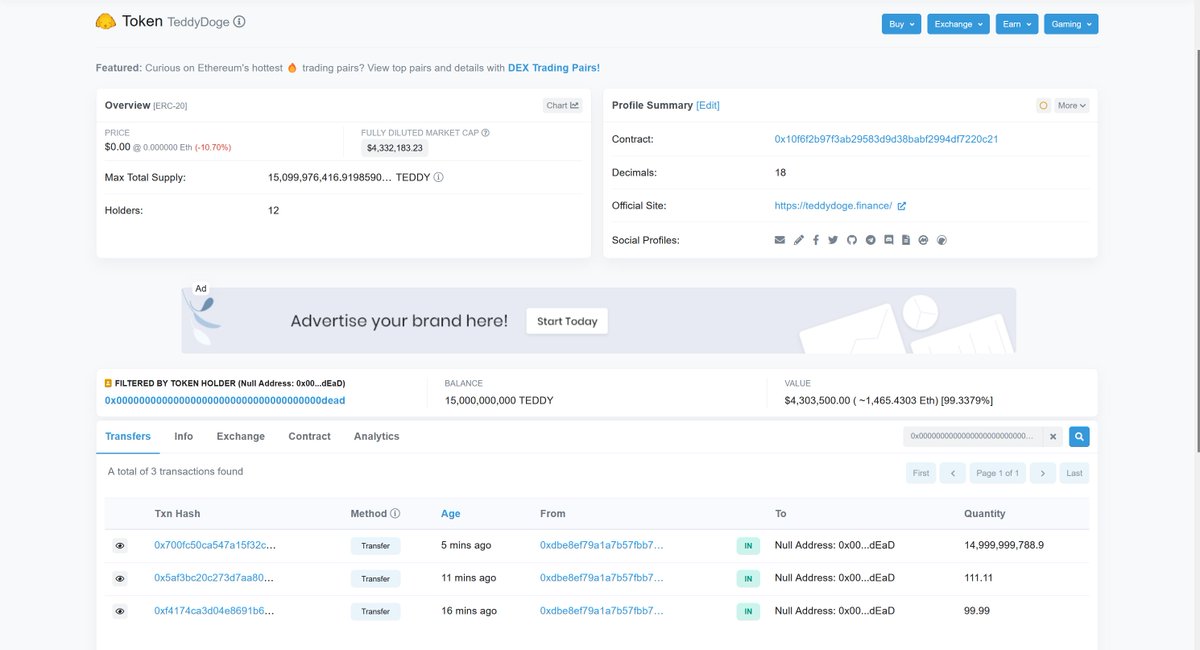 DRAC_Network's tweet photo. The 15 billion TEDDY on ETH chain used to calculate the total market cap has all entered the black hole！Address：0x000000000000000000000000000000000000dead Hash:0x700fc50ca547a15f32c458d25ecacf18b51d9b3a092c0e9403dd1ce9cc4dc3f2 https://t.co/UOCpffMOvX