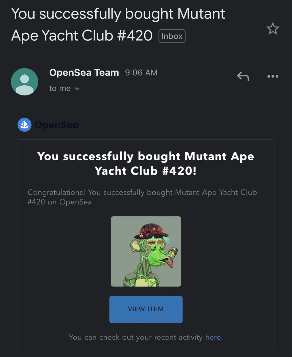 The day has come. When I pulled the trigger. Didn’t pull the trigger at 30eth BAYC. I shall not do the same again. Pulling the trigger on this beautiful #420 mayc. Can’t believe this bad boy was so close to floor! 21.95eth. 

The colour, the number 😮‍💨
Stars aligned
<a href="/BoredApeYC/">Bored Ape Yacht Club 🍌</a>