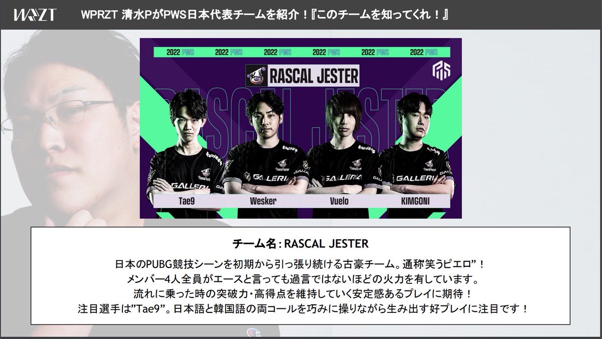 gloe_jp's tweet photo. WFも3週目に突入👊💥
現在開催中のPWSに出場する日本チームをWPRZTの清水Pが熱くご紹介👀
本日は…通称"笑うピエロ"#RASCALJESTER と、念願の2連ドン勝を決めた #RELAXEDLY が登場🔥
チームの特徴や注目選手を知って試合をより楽しもう👍今夜も19時からスタート📣✨
#PUBG #PUBGEsports #PWS https://t.co/JYXGkCTCiF