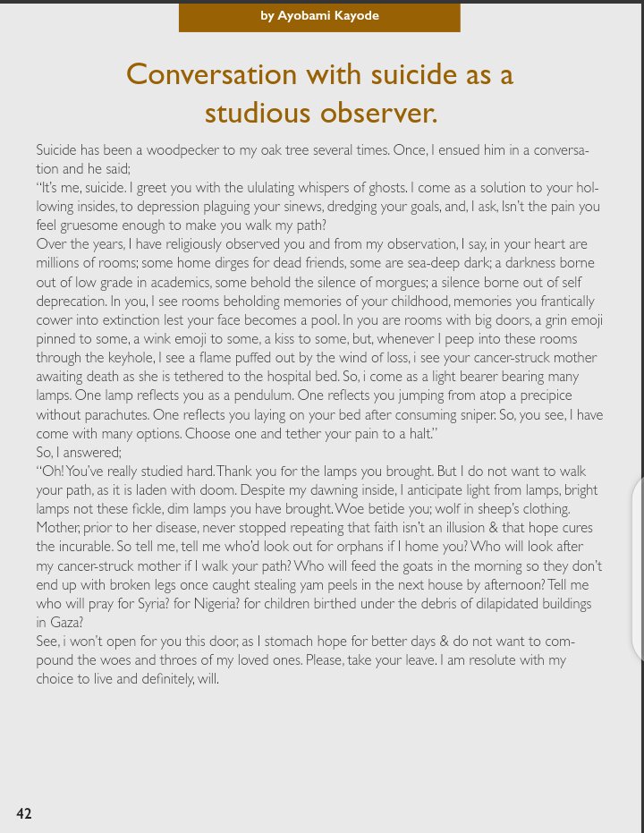 After a long wait,
Another prose-poem of mine is finally out in the first issue of cult of Clio.

Many thanks to the staff members; leatov B Marud and Etienne Tsway. 

Follow the link below to read other works in the issue.
issuu.com/stevencui2020/…