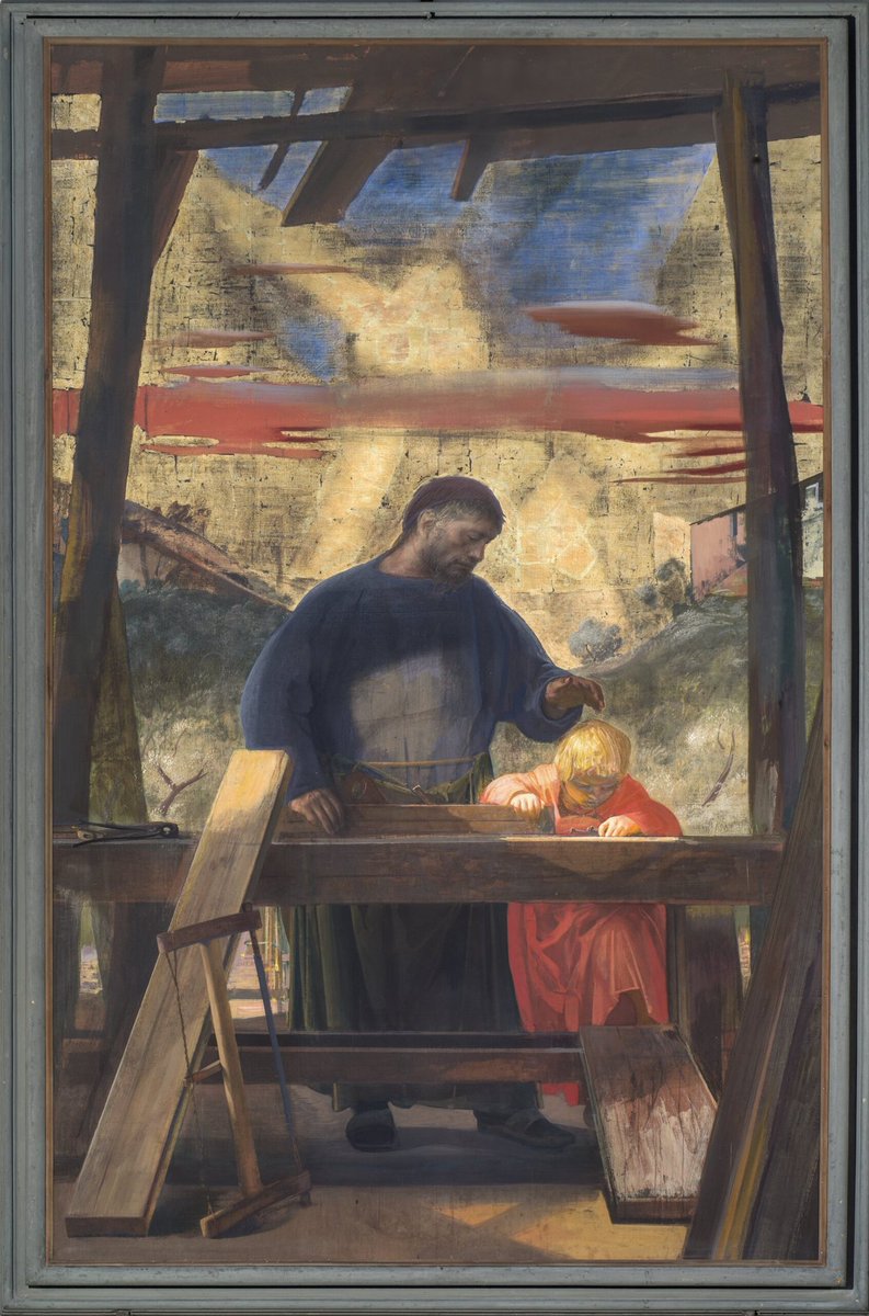 Auguri a tutti i babbi con il nostro #sangiuseppe di #annigoni.
Gesù che nella #bottega di suo padre  gioca con i #chiodi e Giuseppe che lo vorrebbe proteggere; il destino del figlio già si prefigura con il vestito #rosso di Gesù, sinonimo di martirio, sulla croce.