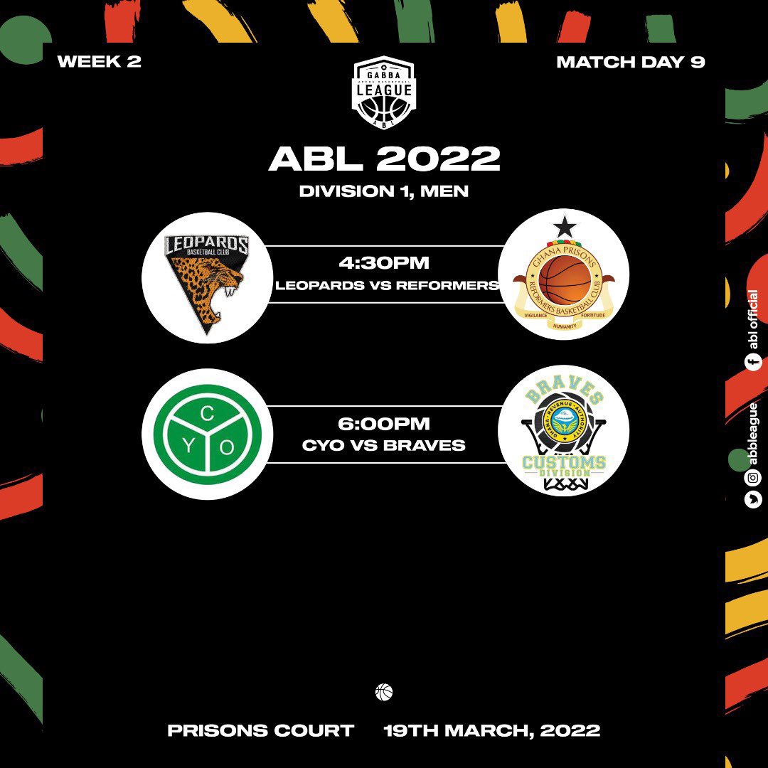 Abbleague's tweet photo. FIXTURES
19.03.2022
DIVISION 1, MEN
GAME 21
LEOPARDS VS REFORMERS
GAME 22
CYO VS BRAVES 
#ABL2022 https://t.co/6AMe2dUwkm