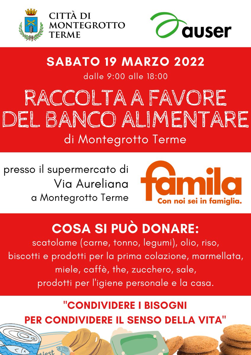 MontegrottoT's tweet photo. 🔵 RACCOLTA MATERIALE PER IL BANCO ALIMENTARE

📣 Oggi, sabato 19 marzo 2022, fino alle 18:00, si terrà una raccolta straordinaria a favore del Banco Alimentare di #MontegrottoTerme presso il supermercato Famila di Via Aureliana.

@RickymTricky https://t.co/SbRDrpzdDv