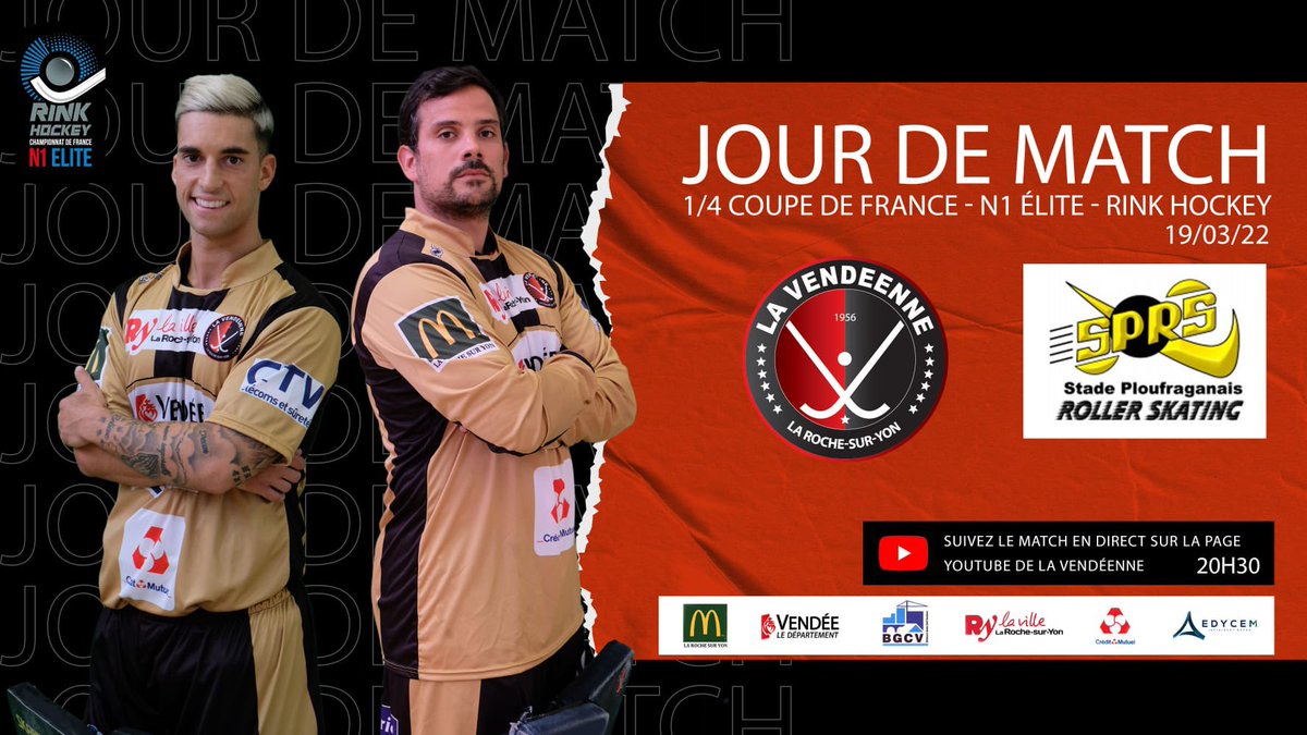 LAVENDEENNE85's tweet photo. Ce soir, quart de final retour ! La Vendéenne reçoit SPRS Ploufragan 🏑
Coup d’envoi à 20h30. On vous attend nombreux pour encourager les rouges et noirs ! 🔴⚫️🔥
Bar et restauration sur place possible ! 🥪
#rinkhockey #match #quartdefinal #N1 https://t.co/x6iBWjAVkA