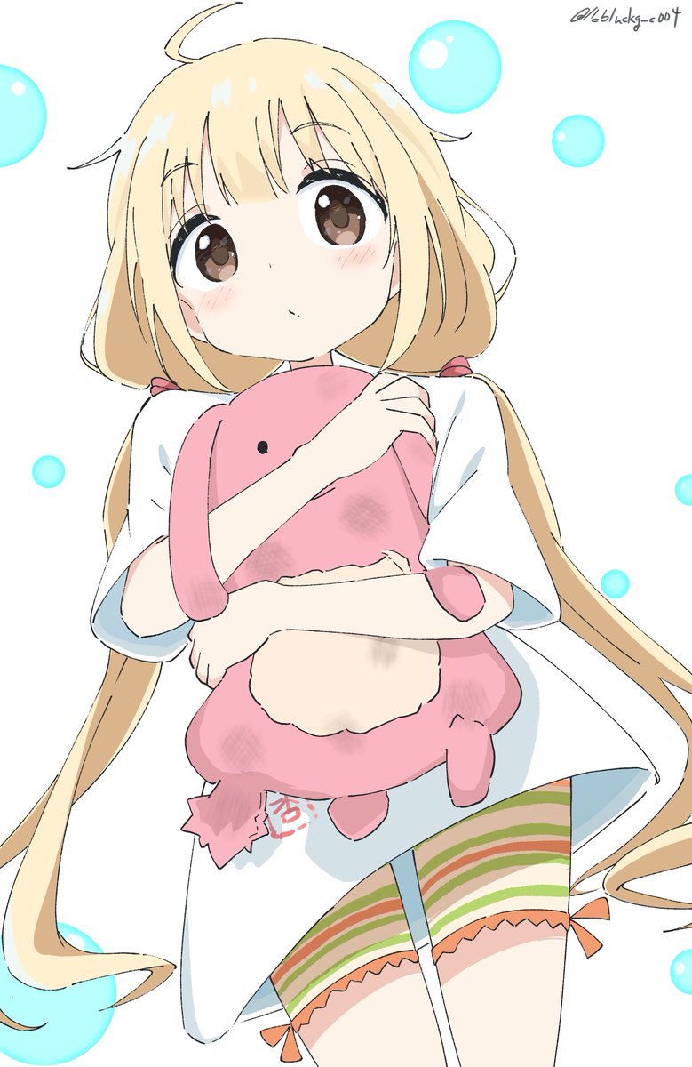 futaba anzu 1girl solo blonde hair stuffed toy long hair brown eyes twintails  illustration images