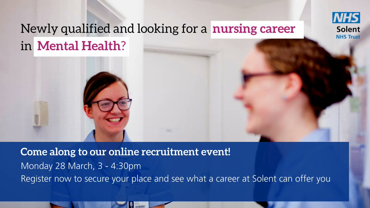 Looking for a #career in Mental Health? Come along to our #recruitment event to find out what Solent can offer you plus; 💙 Hear from teams across the Trust 💙 Get your questions answered 💙 Application tips and advice Register now: buff.ly/3IgxgvW @SolentRecruit