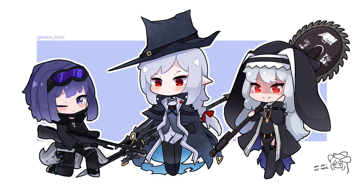 skadi (arknights) ,specter (arknights) multiple girls 3girls holding weapon holding weapon goggles chibi  illustration images