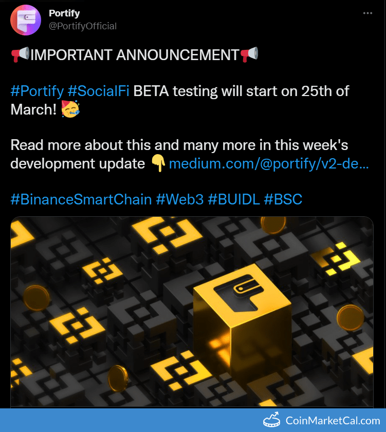 cmcal_bot's tweet photo. 🆕 New Portify $PFY event! 
 
25 March 2022 
SocialFi Beta Testing  
 
Source: https://t.co/Tsd6bsdGa6 https://t.co/o3xEG7dzFk