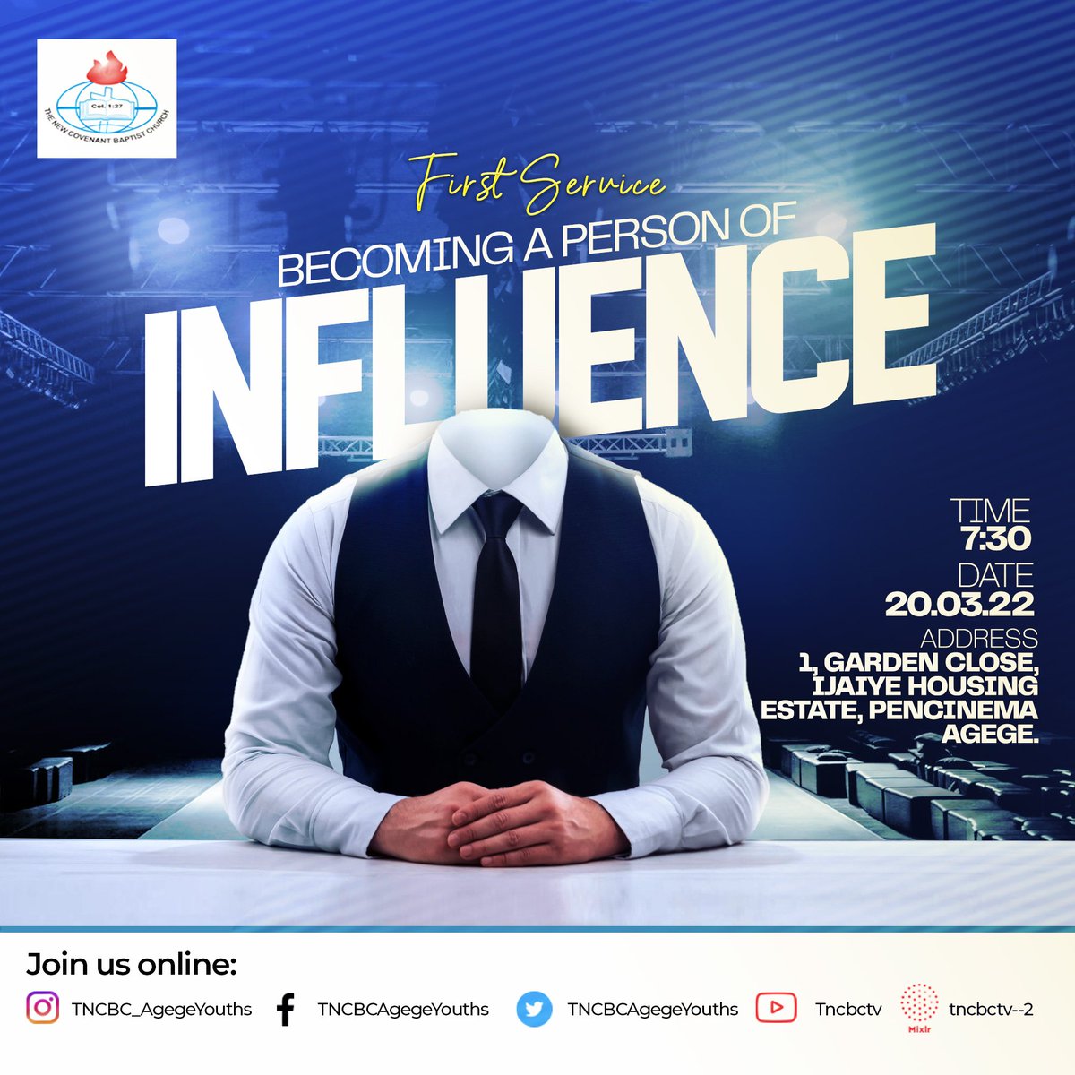 Hello Family!♥️

Join us for another power packed time in God's presence tomorrow. 

Time: 7:30am

Come with a friend as God is set to bless you.
See you tomorrow and have a great weekend ahead.
.
.
#TNCBCAgegeChurch
#TNCBCAgegeYouths
#TNCBCSundayService
#TNCBCYouthService