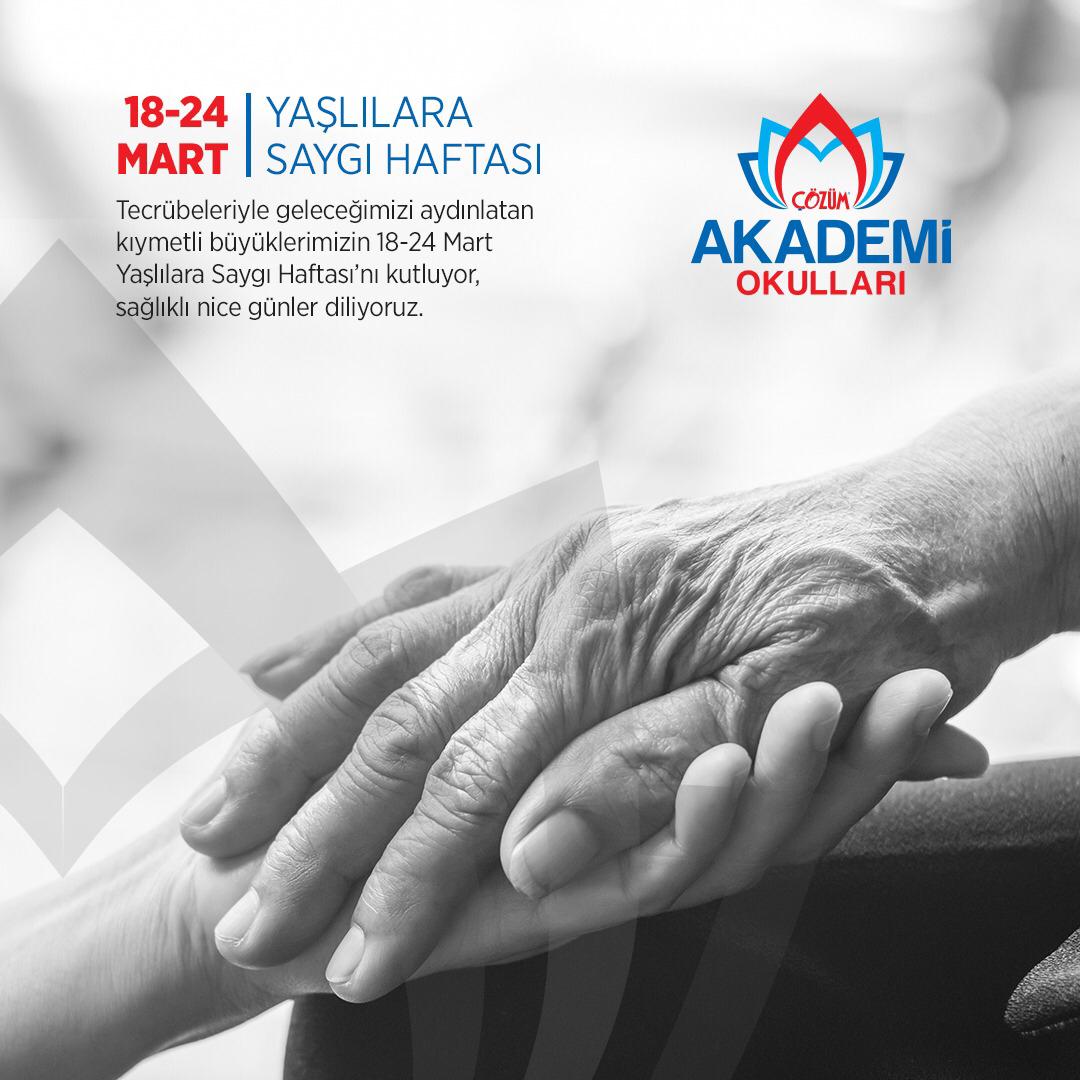 Tecrübeleriyle geleceğimizi aydınlatan kıymetli büyüklerimizin 18-24 Mart Yaşlılara Saygı Haftası’nı kutluyor, sağlıklı nice günler diliyoruz.

#Gaziantep #ÇözümAkademiOkulları
#YaşlılaraSaygıHaftası
