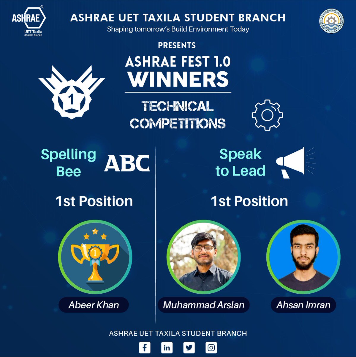 UetBranch's tweet photo. It is a pleasure to announce that ASHRAE UET TAXILA STUDENT BRANCH successfuly conducted #_ASHRAE_FEST_1.0 during the sports week. https://t.co/PKCbWyV512