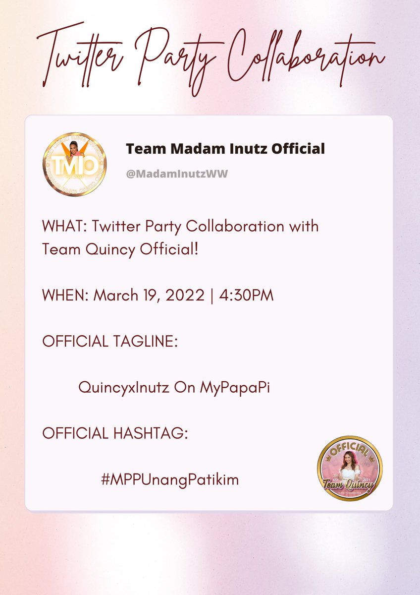 MadamInutzWW's tweet image. Twitter Party Collaboration with @TeamQuincyOFC! 

Official Tagline:

QuincyxInutz On MyPapaPi

#MPPUnangPatikim