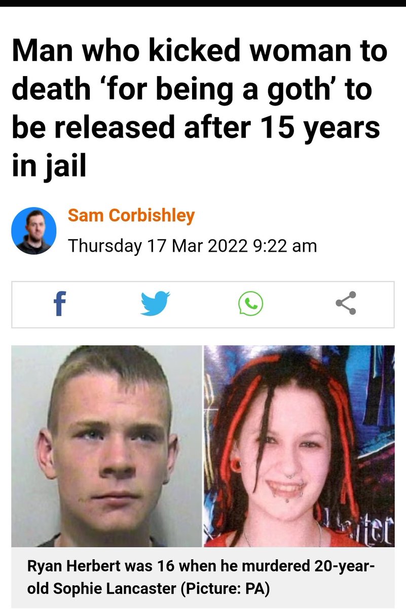 vindictivevox's tweet image. ICYMI: 1/5 of the men charged and convicted in connection with the beating of Robert Maltby and murder of Sophie Lancaster, has been cleared to be released from prison after serving 15 years. 

We need to be making more noise about this.