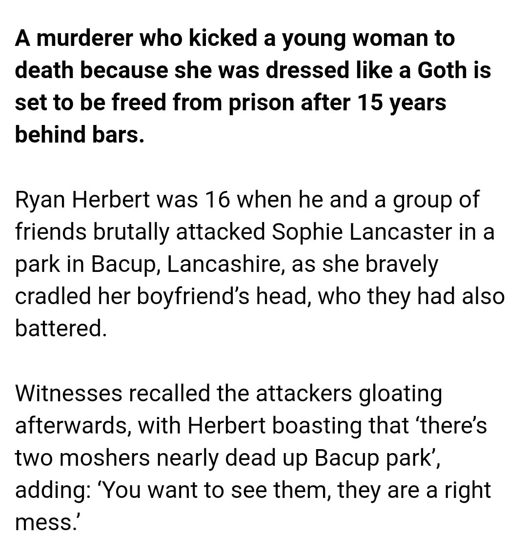 vindictivevox's tweet image. ICYMI: 1/5 of the men charged and convicted in connection with the beating of Robert Maltby and murder of Sophie Lancaster, has been cleared to be released from prison after serving 15 years. 

We need to be making more noise about this.