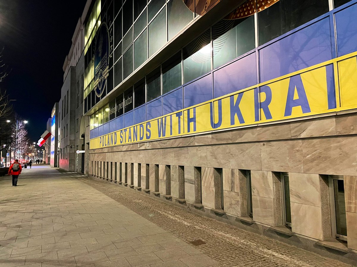 Warsaw and other cities and towns throughout Poland are covered in signs, posters and flags showing support for Ukraine and offering various free services for refugees. Imagine completing a harrowing multi-day journey from a war-zone and arriving to this. “We are with you.”