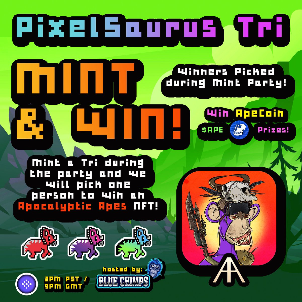 PixelSaurus's tweet image. TONIGHT is our BIG PixelSaurus Mint Party hosted by @BlueChimpz! 🥳🎉🦕🦖

Make sure you join us where we will also be giving away an @apocalypticapes #NFT to 1 lucky winner during the show. There will also be @apecoin prizes, too!

Mint YOUR PixelSaur
🔗 mint.pixelsaurus.io
