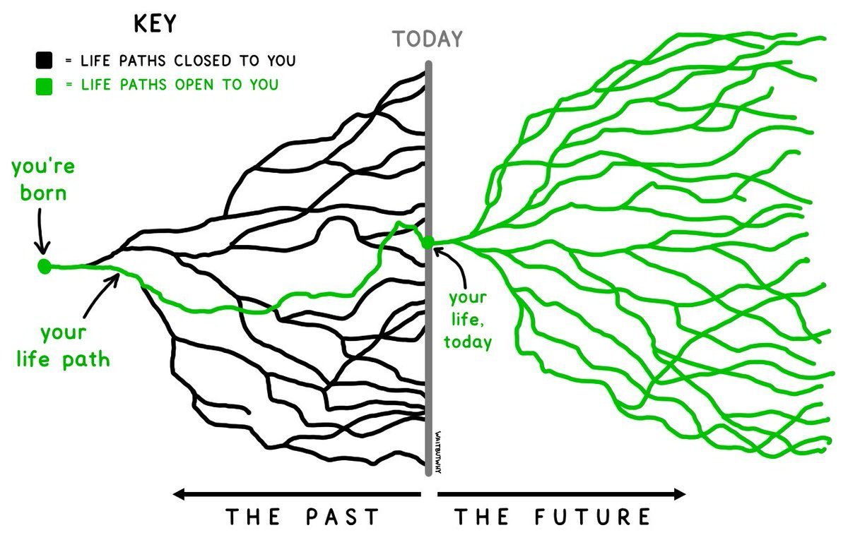 Focus on the green lines, not the black lines.Consider this image from  @waitbutwhy:Black Lines = paths closedGreen Lines = paths openStop focusing on the black lines behind you. Start focusing on all of the green lines before you.It’s a future with immense opportunity.