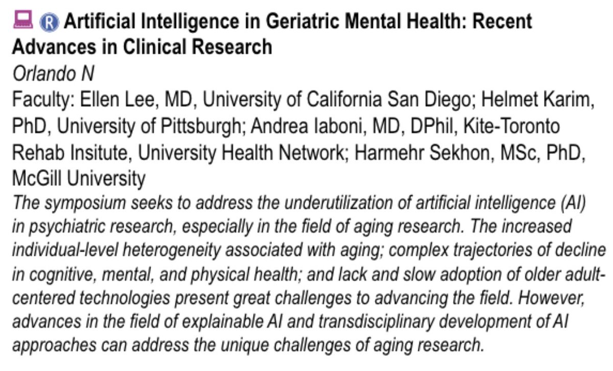 KarimH349's tweet photo. We are presenting a session on this at @GeriPsyc at 1:30 PM in room Orlando N and online! If you're registered for #AAGP22 and interested in #AI and #mentalhealth, make sure to join us. https://t.co/1aRs7tuJ4g