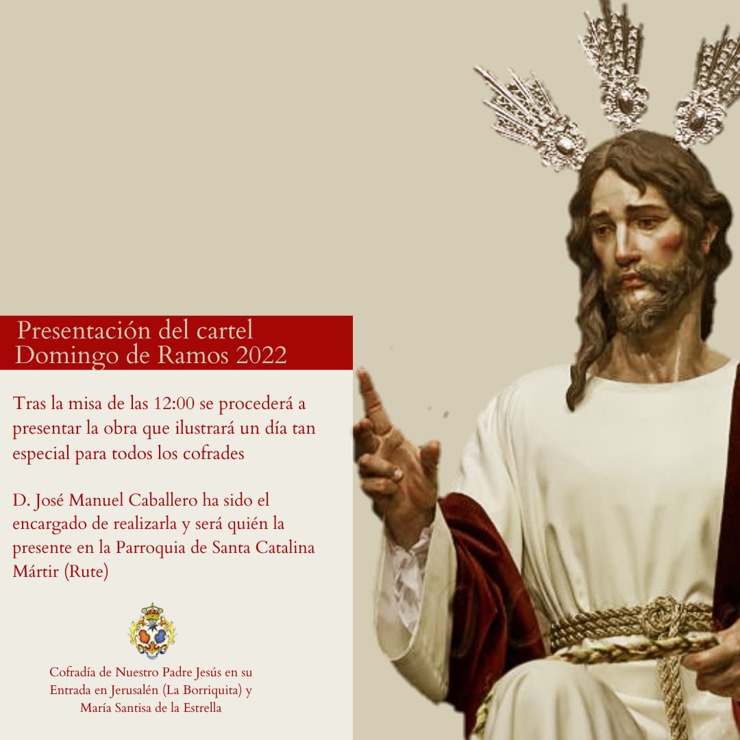 📍CARTEL DOMINGO DE RAMOS.
Mañana tras la Función Principal tendrá lugar la presentación del cartel del próximo Domingo de Ramos, realizado por nuestro hermano José Manuel Caballero Sánchez. 
También tendrá lugar la imposición de las medallas a nuestras Hermanas Mayores.