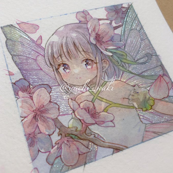 手描きイラスト　ミニ色紙　春の野原の妖精さん Yahoo!オークション - オリジナル手描きイラスト Spring